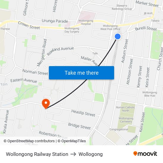 Wollongong Railway Station to Wollogong map