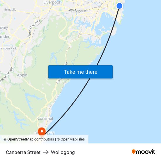 Canberra Street to Wollogong map