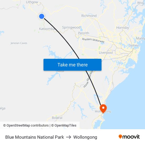 Blue Mountains National Park to Wollongong map