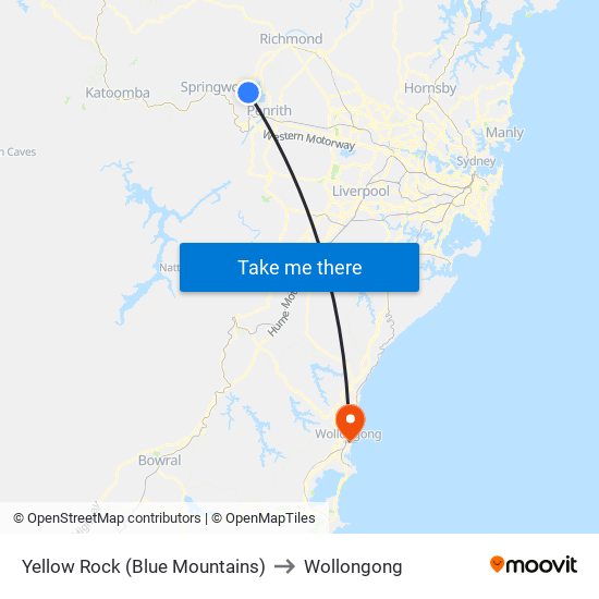 Yellow Rock (Blue Mountains) to Wollongong map