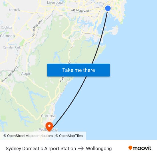 Sydney Domestic Airport Station to Wollongong map