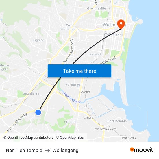 Nan Tien Temple to Wollongong map