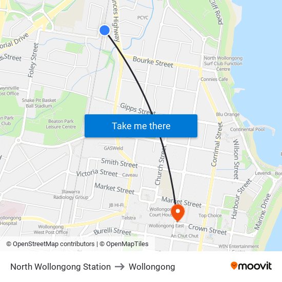 North Wollongong Station to Wollongong map