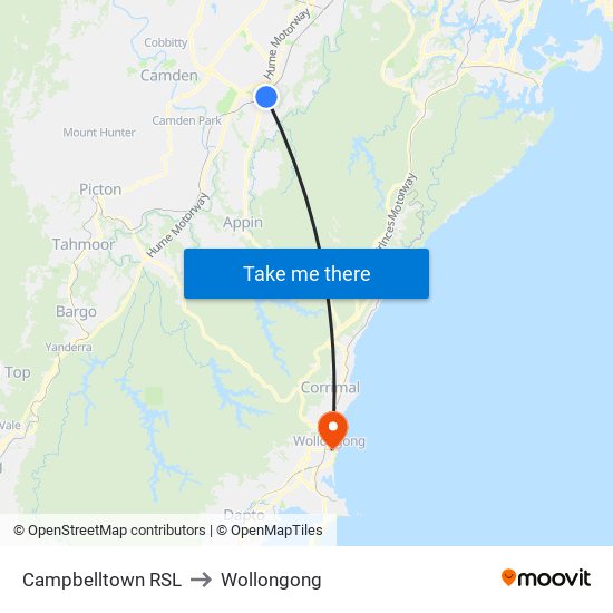 Campbelltown RSL to Wollongong map