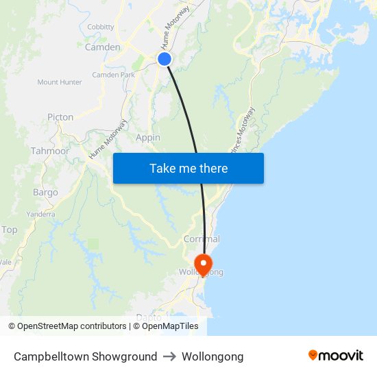 Campbelltown Showground to Wollongong map