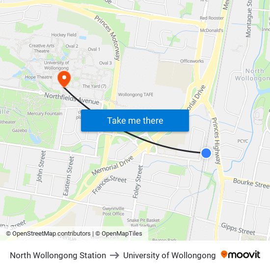 North Wollongong Station to University of Wollongong map