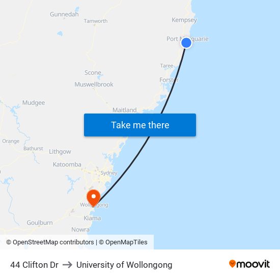 44 Clifton Dr to University of Wollongong map