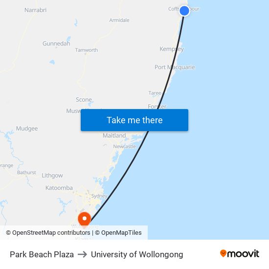 Park Beach Plaza to University of Wollongong map