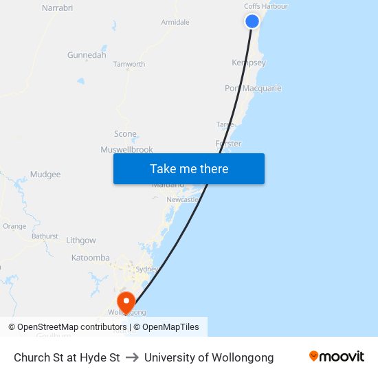 Church St at Hyde St to University of Wollongong map