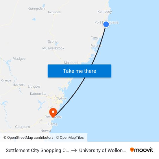 Settlement City Shopping Centre to University of Wollongong map