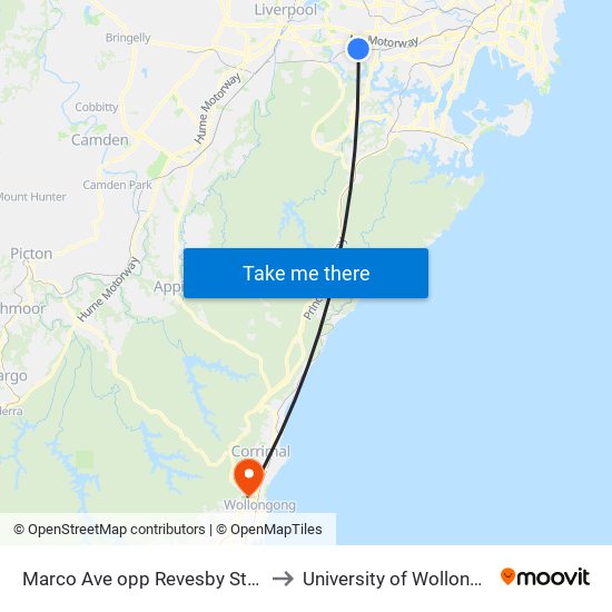 Marco Ave opp Revesby Station to University of Wollongong map