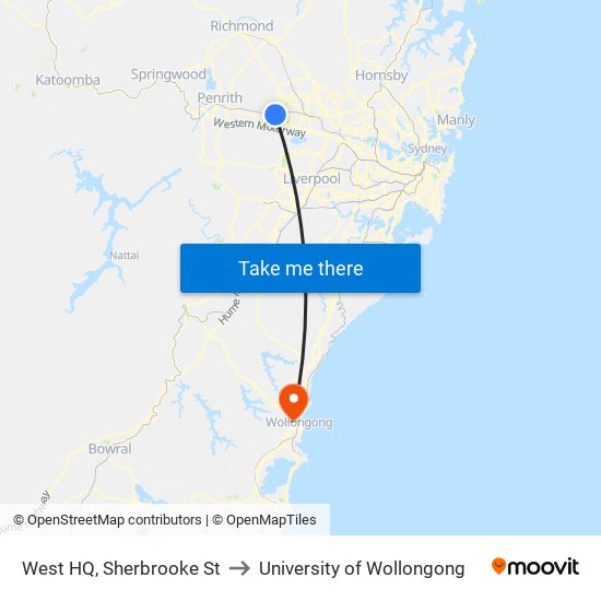 West HQ, Sherbrooke St to University of Wollongong map