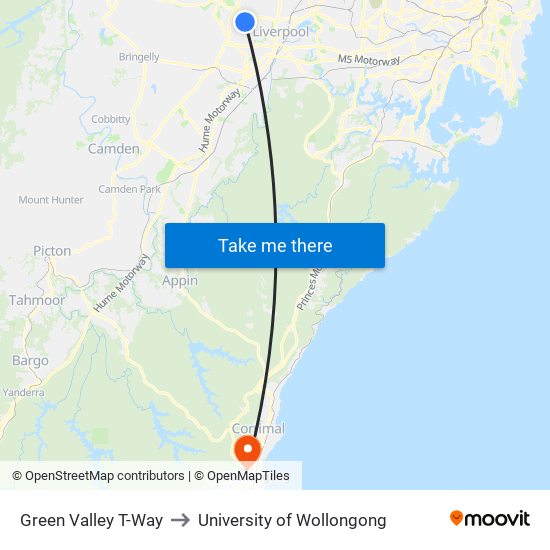 Green Valley T-Way to University of Wollongong map