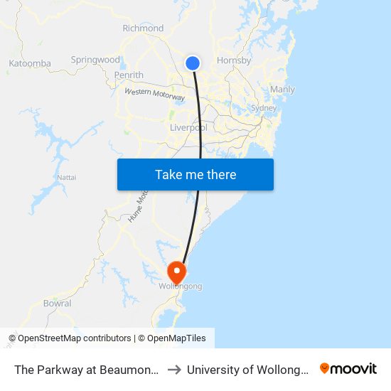 The Parkway at Beaumont Dr to University of Wollongong map