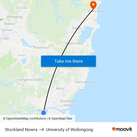 Stockland Nowra to University of Wollongong map