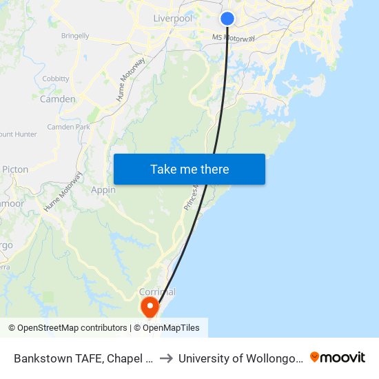 Bankstown TAFE, Chapel Rd to University of Wollongong map