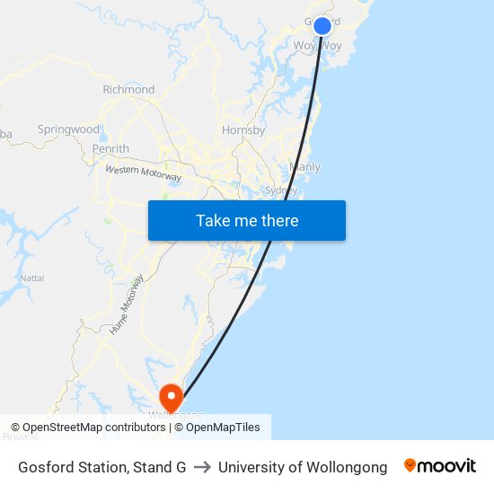 Gosford Station, Stand G to University of Wollongong map