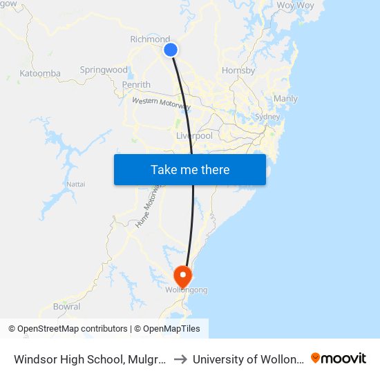 Windsor High School, Mulgrave Rd to University of Wollongong map