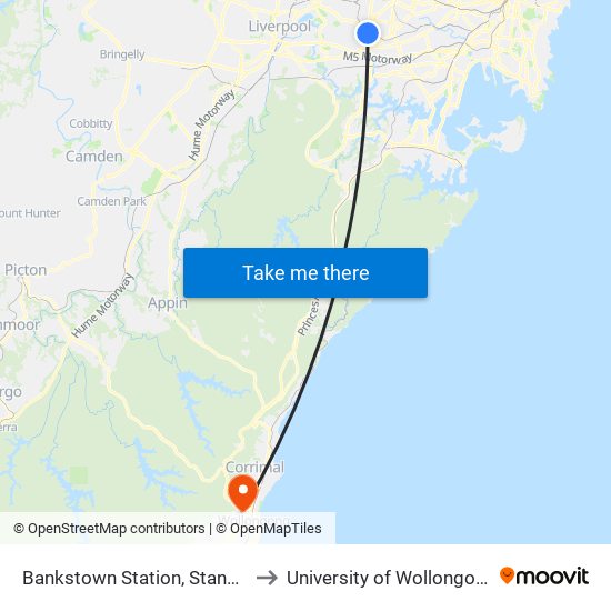 Bankstown Station, Stand C to University of Wollongong map