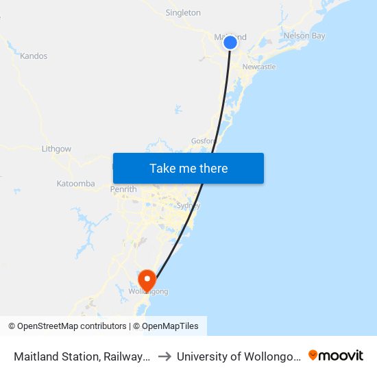 Maitland Station, Railway St to University of Wollongong map