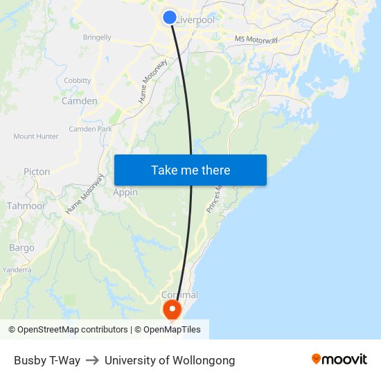 Busby T-Way to University of Wollongong map