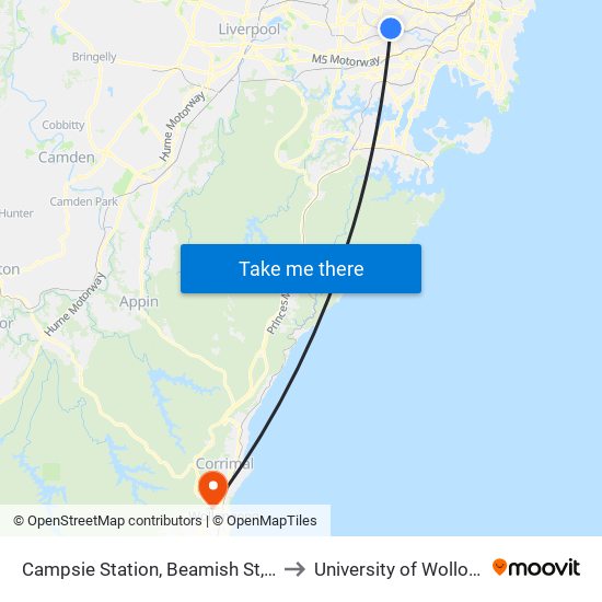 Campsie Station, Beamish St, Stand B to University of Wollongong map