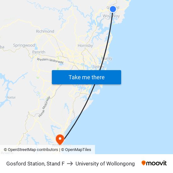 Gosford Station, Stand F to University of Wollongong map
