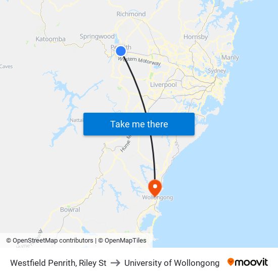 Westfield Penrith, Riley St to University of Wollongong map