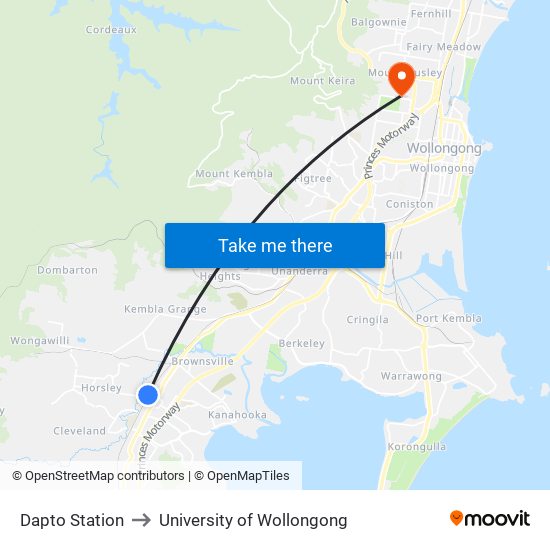 Dapto Station to University of Wollongong map