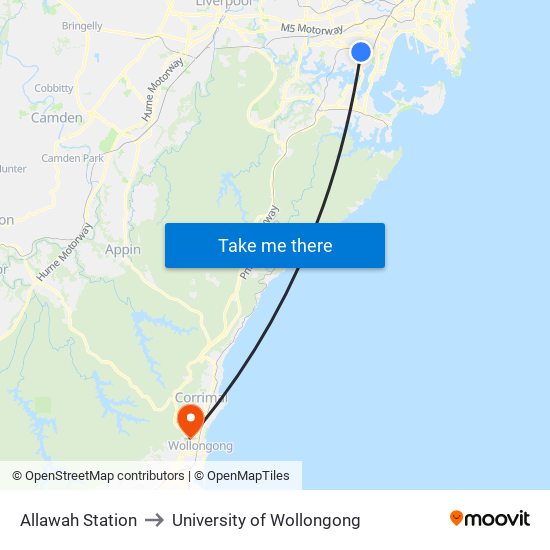 Allawah Station to University of Wollongong map