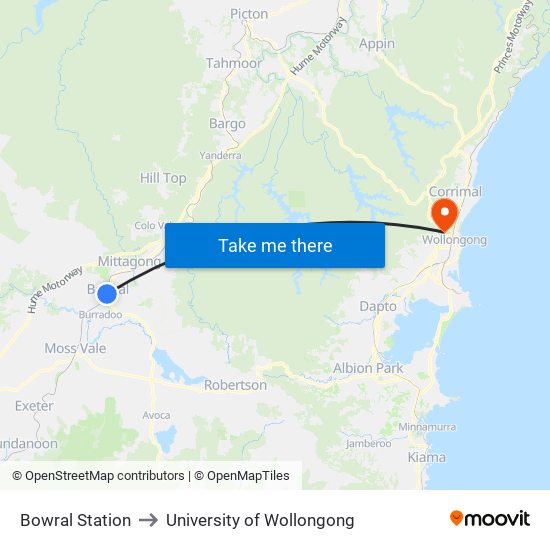 Bowral Station to University of Wollongong map