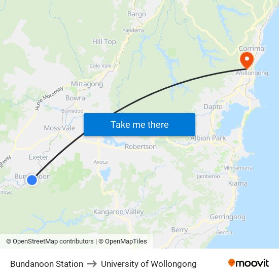 Bundanoon Station to University of Wollongong map