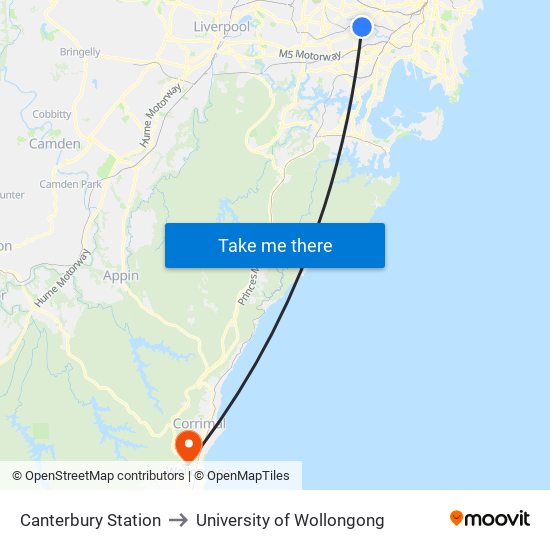 Canterbury Station to University of Wollongong map