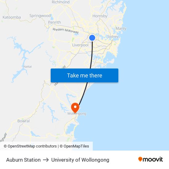 Auburn Station to University of Wollongong map