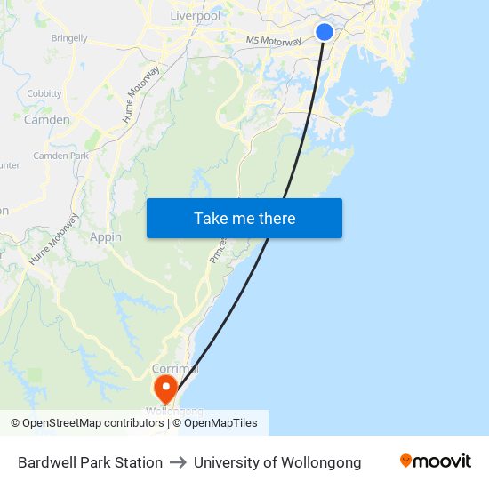 Bardwell Park Station to University of Wollongong map