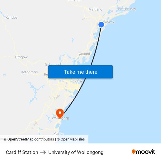 Cardiff Station to University of Wollongong map