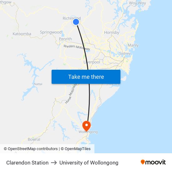 Clarendon Station to University of Wollongong map