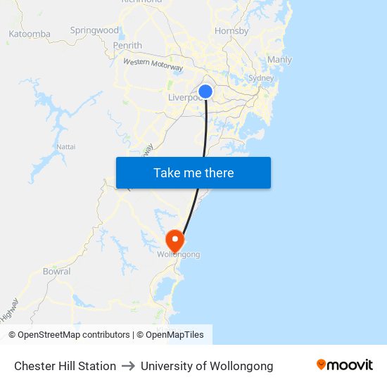 Chester Hill Station to University of Wollongong map