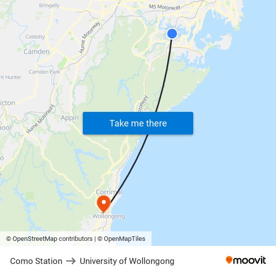 Como Station to University of Wollongong map