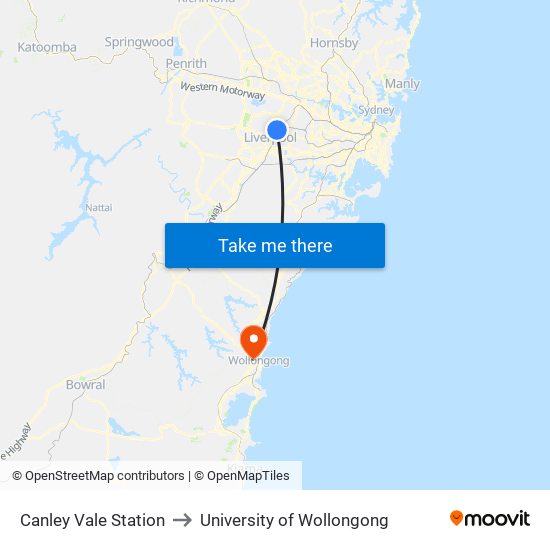 Canley Vale Station to University of Wollongong map