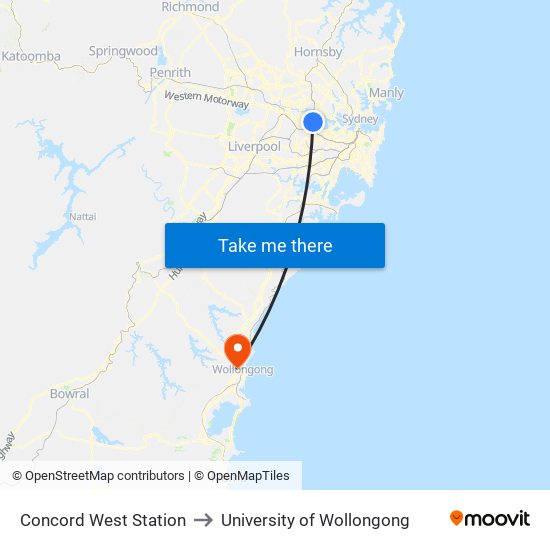 Concord West Station to University of Wollongong map