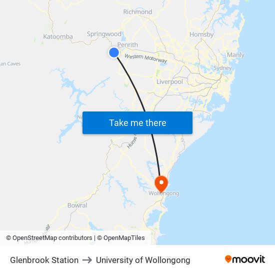 Glenbrook Station to University of Wollongong map