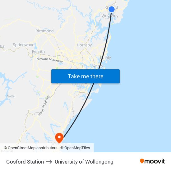 Gosford Station to University of Wollongong map