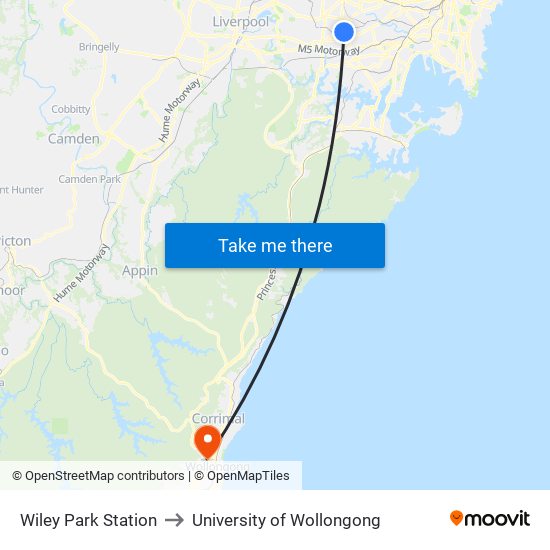 Wiley Park Station to University of Wollongong map