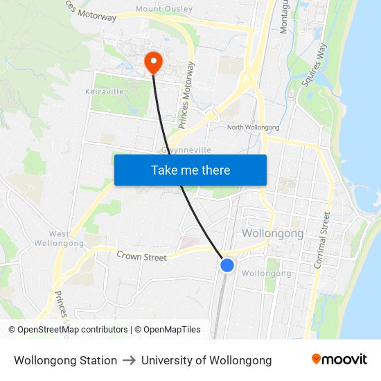 Wollongong Station to University of Wollongong map