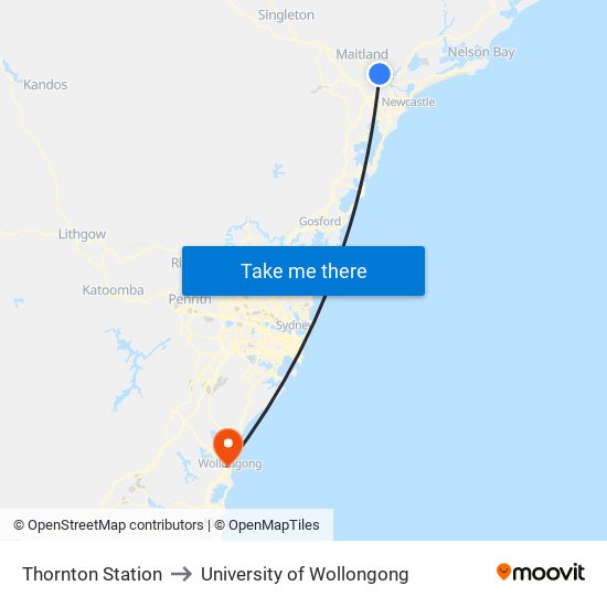 Thornton Station to University of Wollongong map