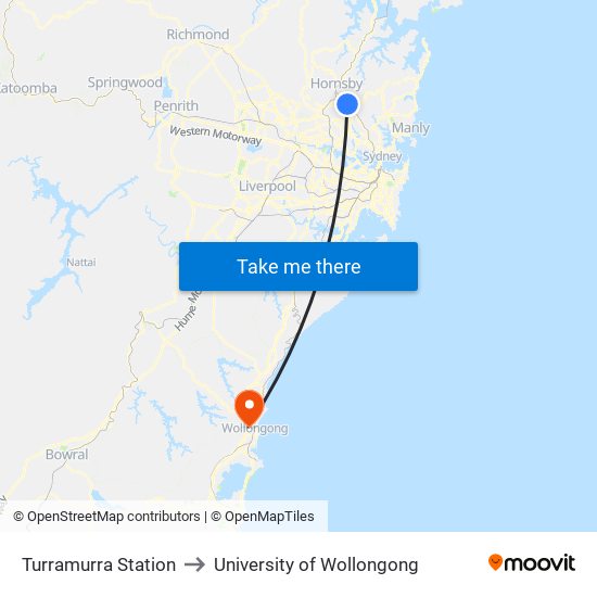 Turramurra Station to University of Wollongong map