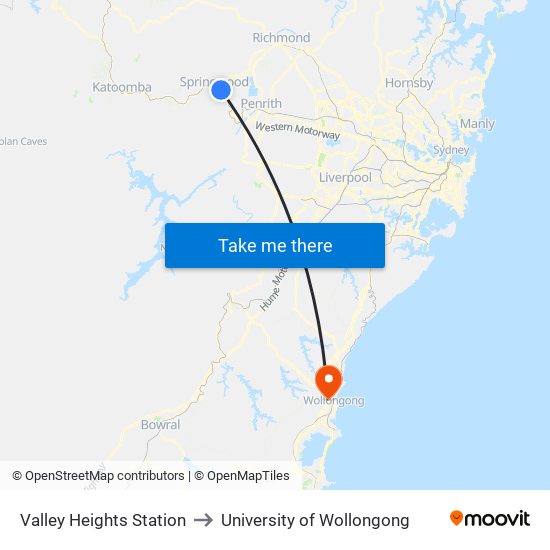 Valley Heights Station to University of Wollongong map
