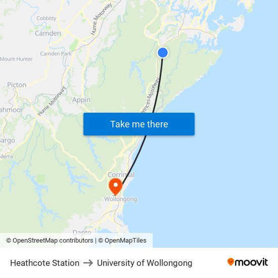 Heathcote Station to University of Wollongong map