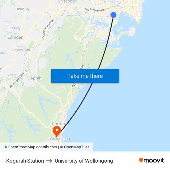 Kogarah Station to University of Wollongong map